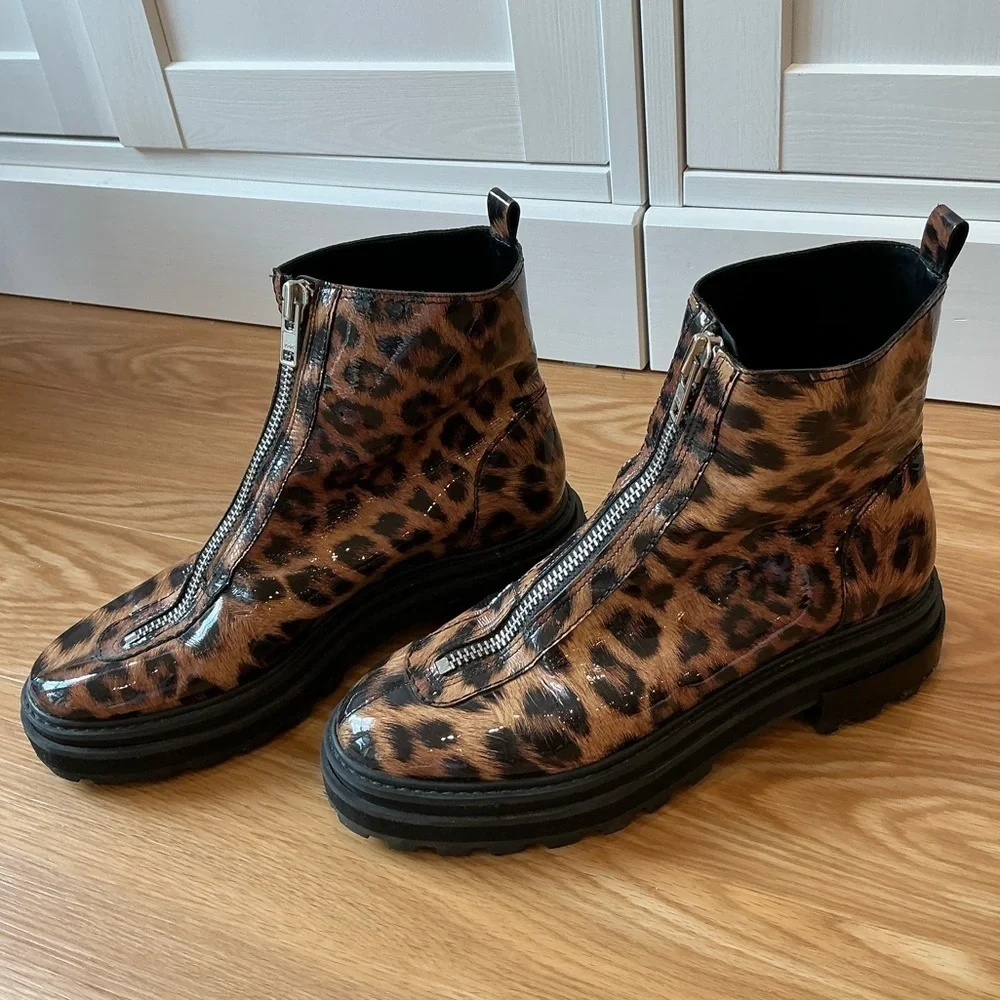 SCHUTZ Maryele Leopard Patent Print Combat Boots Size 9.5B